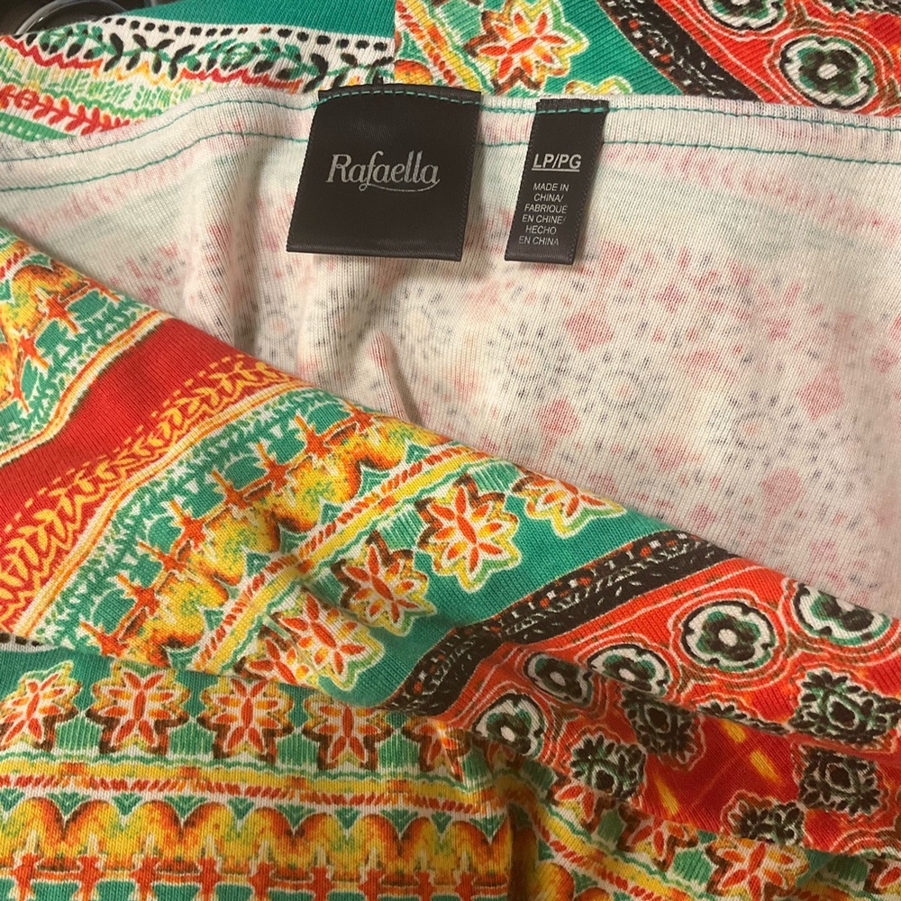 RAFAELLA sz Large Petite Top Round Collar Short Sleeves Stripes Yellow Green - Picture 5 of 6